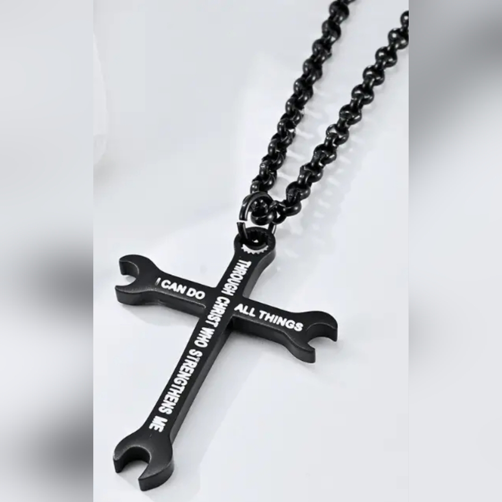 Mechanics wrench cross silver Or black necklace